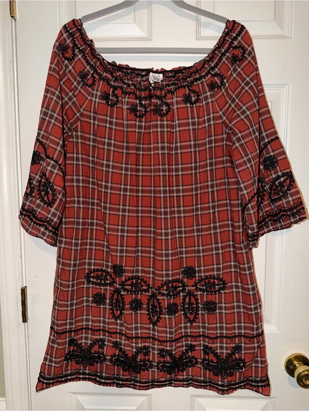 ivy jane Rust Plaid Off-Shoulder Dress with Black‎ Embroidery